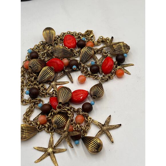 Yochi NY Signed Red Blue Starfish Faux Coral Turquoise Glass Statement Necklace - Picture 6 of 10